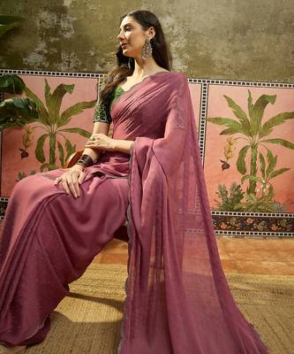 Pink chiffon embellisehd saree with unstitched blouse piece 2