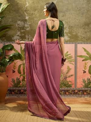 Pink chiffon embellisehd saree with unstitched blouse piece 4