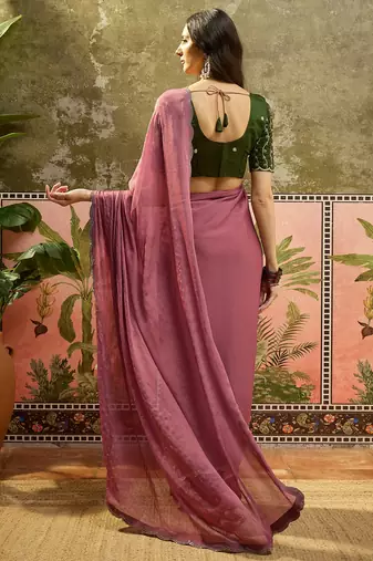 Pink chiffon embellisehd saree with unstitched blouse piece