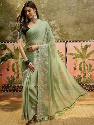 Green chiffon embroidered saree with unstitched blouse piece 2