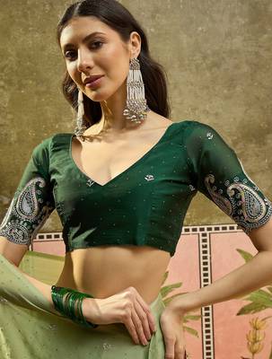 Green chiffon embroidered saree with unstitched blouse piece 3