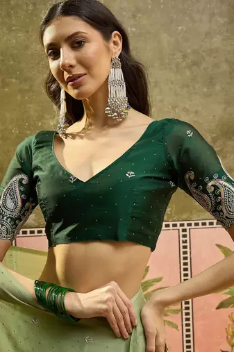 Green chiffon embroidered saree with unstitched blouse piece