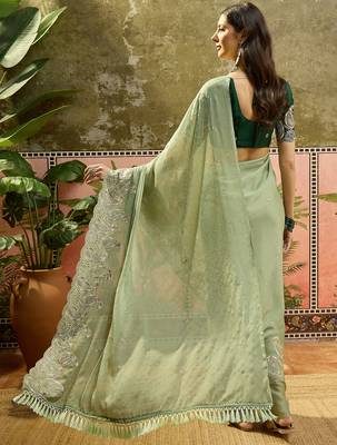 Green chiffon embroidered saree with unstitched blouse piece 4
