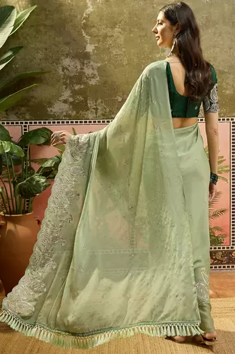 Green chiffon embroidered saree with unstitched blouse piece