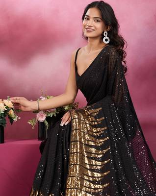 Black and gold sequins embroidered georgette party wear saree with blouse piece 2