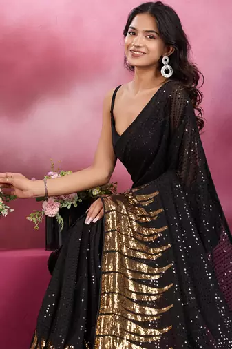 Black and gold sequins embroidered georgette party wear saree with blouse piece