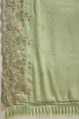 Green chiffon embroidered saree with unstitched blouse piece
