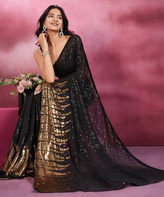 Black and gold sequins embroidered georgette party wear saree with blouse piece 3