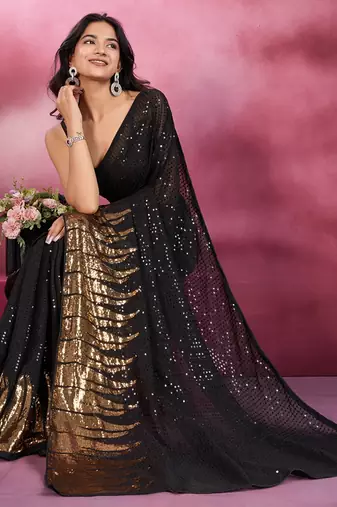 Black and gold sequins embroidered georgette party wear saree with blouse piece