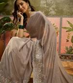 Grey chiffon embroidered saree with unstitched blouse piece