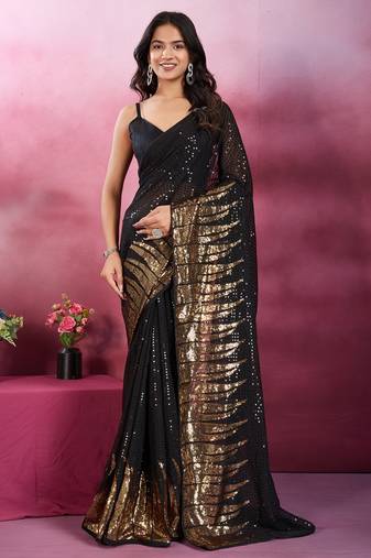 Black and gold sequins embroidered georgette party wear saree with blouse piece