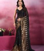 Black and gold sequins embroidered georgette party wear saree with blouse piece