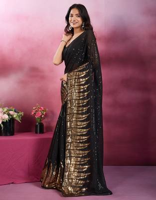 Black and gold sequins embroidered georgette party wear saree with blouse piece 4