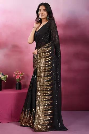 Black and gold sequins embroidered georgette party wear saree with blouse piece