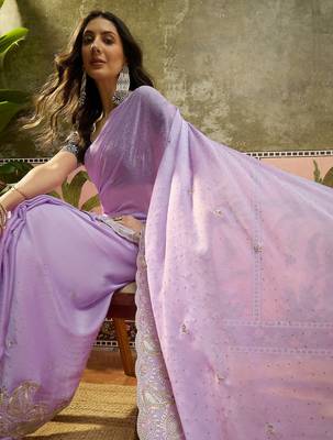 Lilac chiffon embroidered saree with unstitched blouse piece 1