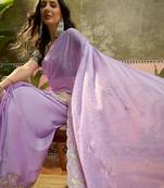 Lilac chiffon embroidered saree with unstitched blouse piece
