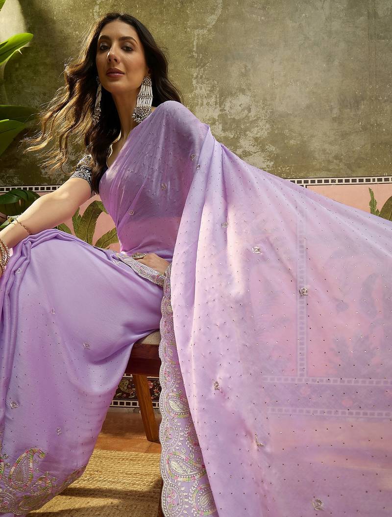 Lilac chiffon embroidered saree with unstitched blouse piece