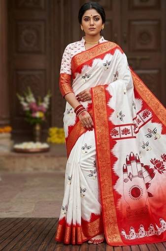 White Color Digital printing Durga pooja Woek Silk Saree 