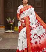 White Color Digital printing Durga pooja Woek Silk Saree 