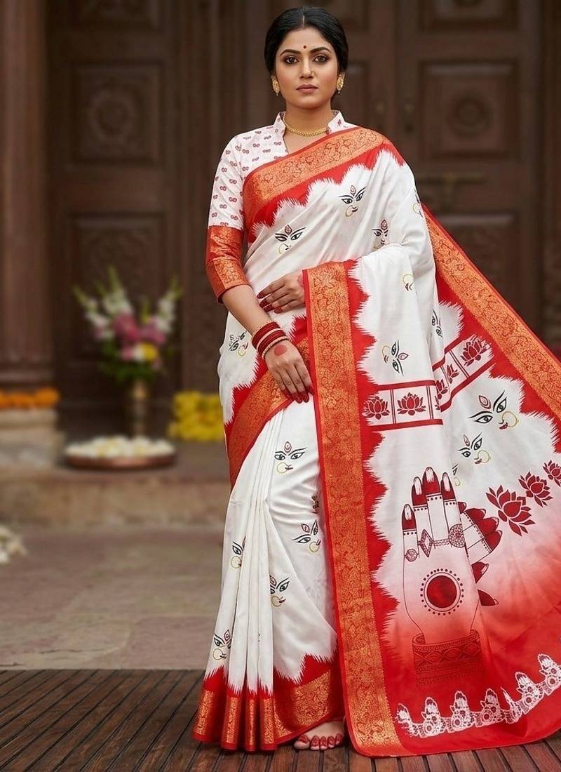 White Color Digital printing Durga pooja Woek Silk Saree 