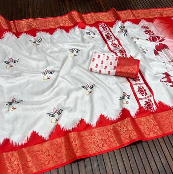 White Color Digital printing Durga pooja Woek Silk Saree  2