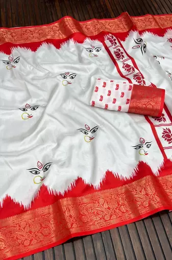 White Color Digital printing Durga pooja Woek Silk Saree 