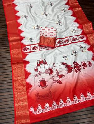 White Color Digital printing Durga pooja Woek Silk Saree  3