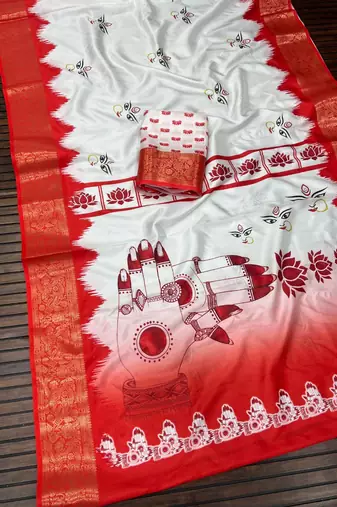 White Color Digital printing Durga pooja Woek Silk Saree 