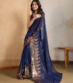 Blue and gold sequins embroidered georgette party wear saree with blouse piece