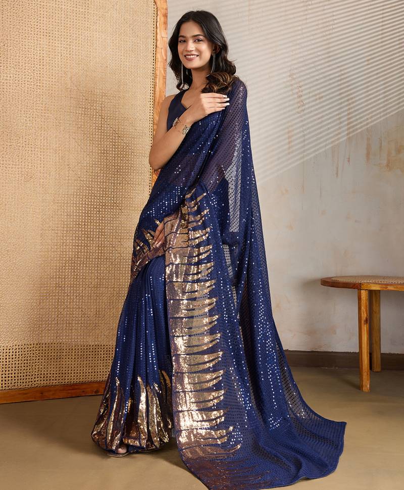 Blue and gold sequins embroidered georgette party wear saree with blouse piece