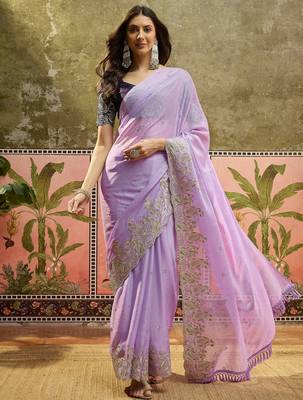 Lilac chiffon embroidered saree with unstitched blouse piece 2