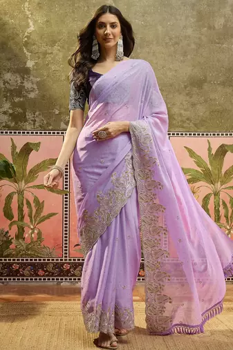 Lilac chiffon embroidered saree with unstitched blouse piece