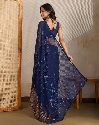 Blue and gold sequins embroidered georgette party wear saree with blouse piece 3