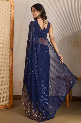 Blue and gold sequins embroidered georgette party wear saree with blouse piece