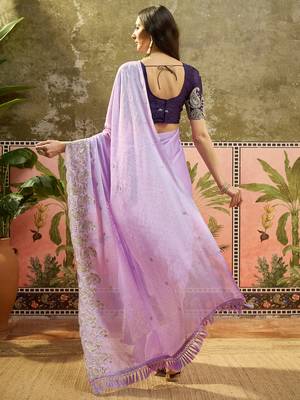 Lilac chiffon embroidered saree with unstitched blouse piece 4