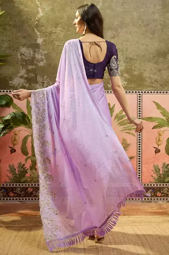 Lilac chiffon embroidered saree with unstitched blouse piece