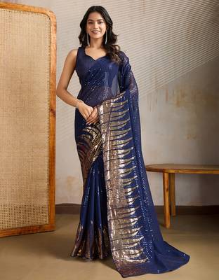 Blue and gold sequins embroidered georgette party wear saree with blouse piece 4