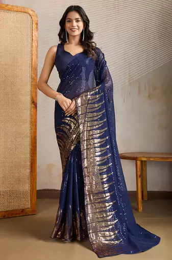 Blue and gold sequins embroidered georgette party wear saree with blouse piece