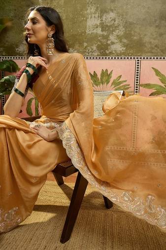Mustard chiffon embroidered saree with unstitched blouse piece