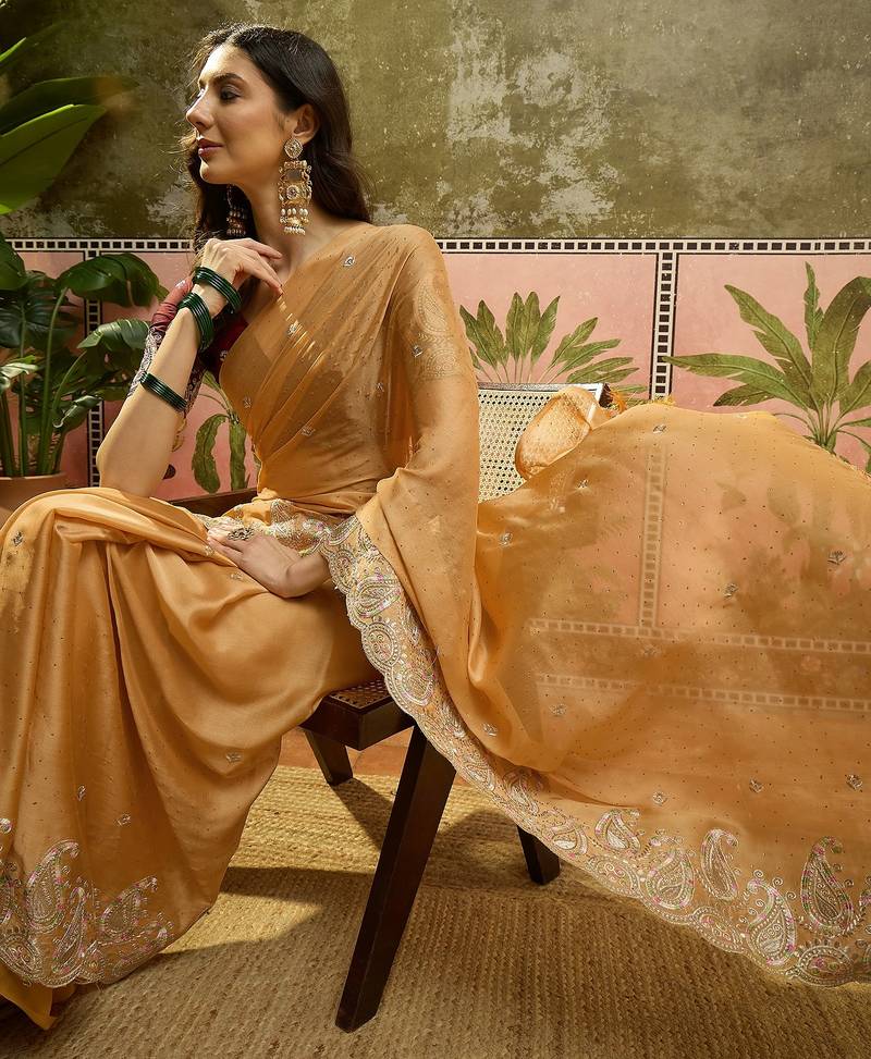 Mustard chiffon embroidered saree with unstitched blouse piece