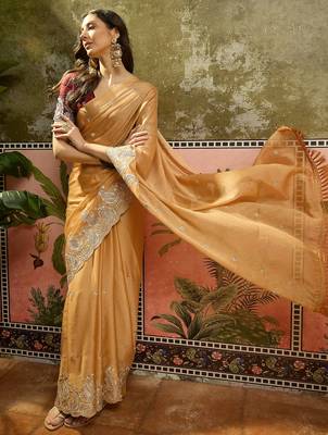Mustard chiffon embroidered saree with unstitched blouse piece 2