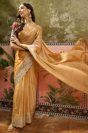 Mustard chiffon embroidered saree with unstitched blouse piece