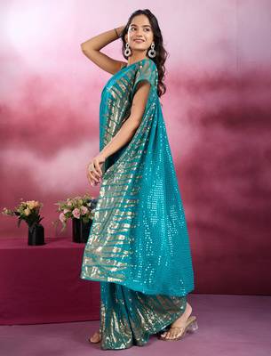 Rama and gold sequins embroidered georgette party wear saree with blouse piece 3