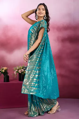 Rama and gold sequins embroidered georgette party wear saree with blouse piece