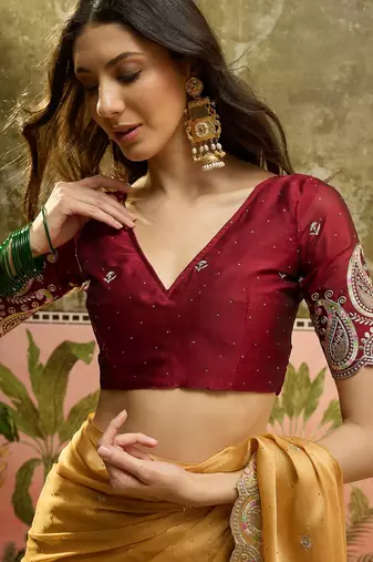 Mustard chiffon embroidered saree with unstitched blouse piece