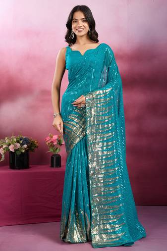Rama and gold sequins embroidered georgette party wear saree with blouse piece