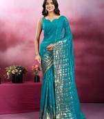 Rama and gold sequins embroidered georgette party wear saree with blouse piece