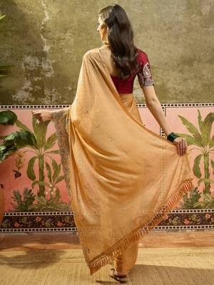 Mustard chiffon embroidered saree with unstitched blouse piece 4