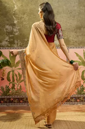 Mustard chiffon embroidered saree with unstitched blouse piece
