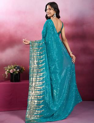 Rama and gold sequins embroidered georgette party wear saree with blouse piece 4